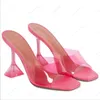 럭셔리 디자이너 Amina Muaddi Sandals 새로운 명확한 Begum Glass PVC Crystal Transparent Slingback Sandal Heel Pumps Naima Rose Red Mules Slippers Shoes