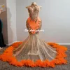 Abiti da ballo a sirena arancione di lusso per ragazze nere 2022 Abito da sera con paillettes scintillanti Piume inferiori Aso Ebi Abiti da festa africani Robe De Soir￩e Mariage Vestios