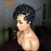 Ombre Blonde Short Curly Bob Pixie Cut Wig Full Machine لم يصنع شعر مستعار بشعر بشري من الدانتيل مع الانفجارات للنساء السود