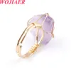 Gold-color Wire Wrap Open Rings Irregular Natural Stone Fluorite Crystal Purple Ring for Women Wedding BO904