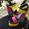 Sandaler Stor storlek 44 Brand Open Toe Block Heel Peep Multicolor Buckle Strap Kvinnor S Mixed Color Patent PU Sommarskor 220402