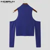 Inderun Men T Shirt solidny kolor Turtleeck długi rękaw OFF Rame Casual Camisetas Hollow Out Streetwear Sexy Crop Tops 220621