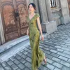 Elegant Green V-Neck Satin Jacquard Dres's Backless Sexy Maxi Dress Summer Ladies Robe Vintage Vestidos Female Clothing 220509