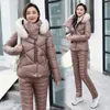 Women's Two Piece Pants Women 2022 Winter Parka Fur Collar Hooded Cotton Jacket Coat Suits Female Down 2 Sets Warm Tracksuit D246Women's