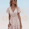 Allover Ditsy Floral Print Ruffle Hem A-Line Dress Summer Women Pink Sleeve Elastic midja V-ringning Midi Dress Robe Femme 220513
