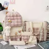 5 Pcs/Set Lattice Women Student Laptop Backpack Canvas School Bags for Teenage Girls Kawaii School Backpacks Book Bag Rucksacks