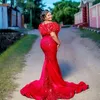 Red Mermaid Prom Dress Off The Shoulder Puffy Short Sleeves Lovertjes Lace Applicaties Plus Size Avondjurk Wmen verjaardagstoga