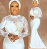 Arabic Style Mermaid Wedding Dresses 2022 High Neck Long Sleeves Lace Appliques Sweep Train Bridal Party Gowns 322