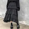 Houzhou Preto Saia Longa Gótico Alta Baixa Ruched Ruffle Cintura Assimétrica Midi Saia Coreano Moda Goth Grunge 220322