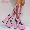 Cross Tied Chunky Heel Sandals Boots Platform Female Mixed Colors Side Zipper Cut Outs Sandals Knee High Women Summer Party Shoe 220514