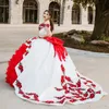 Luxury White With Red Charro Quinceanera Dresses 2022 Plus Size Flower Mexican Prom Dress With Big Bow Corset Organza Sweet 15 Party Gowns vestidos De Gala