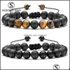 Lien Chaîne Bracelets Bijoux Nouvelle Arrivée 8 Mm Oeil De Tigre Pierre Bracelet Pour Femmes Hommes Réglable Rond Volcanique Lave Noir Perles Bracel Dhdbq