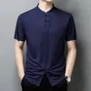 メンズドレスシャツサマータンスーツメンズプルオーバーボタンアップシャツ半袖2022カジュアルクラシック男性ラグジュアリーカラーレスソリッドカラー