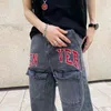 New Fashion Letter Embroidery Grey Straight Men Baggy Jeans Pants Ankle Button Loose Vintage Denim Trousers Y2K Hombre Vaqueros T220803