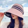 넓은 챙 모자 여성 태양 모자 줄무늬 휴대용 접을 수있는 고정 테이프 세척 가능한 대비 색상 방지 여름 야외 모자 캠핑 모자