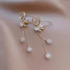 Baumelnde Ohrringe, Kronleuchter, elegant, Opal, Strass, Schleife, Damen, koreanisch, trendig, Einfachheit, Schmuck, weiblich, lang, Retro, zarter Tropfen