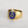 Newst Unieke roestvrijstalen ringvrije metselaars Masonic Past Master Signet Rings Gold Silver Compass Square Sun Face Blue Lodg Ring Sieraden