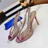 Baştan çıkarma Gatsby PVC elbise Ayakkabı Aquazzura ananas 9 cm sivri devekuşu tüyü ilmek Kristal elmas sandalet yüksek topuklu pompalar Payetli stilettos kadın ayakkabısı