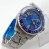 Wristwatches 40mm Blue Dial Self Winding Men's Watch Automatic GMT Movement Sapphire Glass Bracelet Strap Date Window