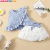 Fashion Born Bambino Neonate Copre gli insiemi plaid senza volant Pagliaccetto senza maniche Top Gonne con fiocco in pizzo 2 pezzi Set completo 220507