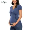 Maternitys Short Sleeve Shirts Maternity Clothes Pregnant Summer Blouse Breastfeeding V-Neck Sexy Tops for Pregnancy Breastfeed 220419