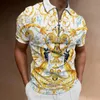 Camisa de impressão de padrões barroco de polos masculino com zíper estilo vintage masculino curto de manga curta camisetas masculinas