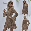 Vestidos casuais leopardo v neck mulheres camisa curto vestido outono flare mangas slim babados mini mais tamanho