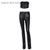 Women's Two Piece Pants Slim Fit Scaled Indented Chest Wrap Trousers Sleeveless Solid Pu Leather Backless Women Sexy Streetwear Tracksuit Ca