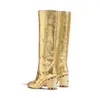 Bootswomen Boots Gold Crocodile منقوش كريستال الركبة العالية أزياء الأزياء الرمز البريدي سيدة الكعب مصمم العلامة التجارية أحذية G220813