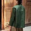 エスニック服濃い緑の中国の襟長袖スタイルシャツ女性チョンサムトップタンスーツヴィンテージファム