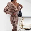 Women Elegant Striped Printed Bodycon Dress Sexy Deep V Neck Party Dress Winter Office Lady Autumn Casual Long Sleeve Slim Dress 220316