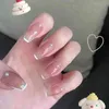 False Nails 24pcs Coffin White Pearl French Fake Wearable Ballerina Full Cover Acrylic Nail Tips Press on with Glue 0616