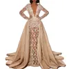 Luxueux Dentelle Africaine Dubaï Robes De Soirée Col En V À Manches Longues Sirène Robe De Bal Satin Train Détachable Applique Robes De Soirée