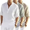 Casual Mens Algodão Linho Camisas Verão Solto Manga Longa Sólida Camiseta Moda Vneck Respirável Masculino Blusa Camisa Tops 220726