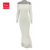 Slash Boyun Ince Dantel Fishtail Elbise Parti Kadınlar Zarif Uzun Kollu İşlemeli Beyaz Elbiseler Kadın Akşam Gelin Smaid Vestidos 220316