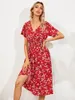 Casual Dresses Summer Women Floral Print A-line Chiffon Dress 2022 Ladies Retro V-neck Short-sleeve Beach Long Robe Vestido FemmeCasual