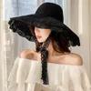 Chapéus de largura de largura Hepburn elegante Big Hat Beach Sun Sun Black Lace Hatwide Pros22
