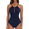 Menas de banho feminina Solid Hollow Out One Piece Women Swimsuit Azul escuro plissouco macieiro emagrece