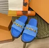 Gummi Slide Stamp Chain Slipers Sandal Floral Brocade Leather Slipper Gear Bottoms Flop Flops Women randig strand Kausal Slipper med spänne toppkvalitet