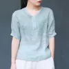 Linnen kant vrouwen vintage dunne shirts tops v-hals half mouw blouses zomer knop chinese stijl losse trui shirts 220408