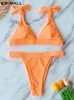 Hög midja bikini Kvinnor Swimsuit Tryck upp badkläder Solid Halter Bikini Set Brasiliansk baddräkt Simning Wear Female 220504