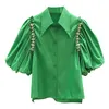 Damenblusen, Hemden, modisch, Vintage-Stil, zerknitterte Bluse, Puffärmel, Strass, grün, unregelmäßiges einreihiges Hemd, Damen-Sommeroberteile