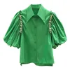 Blusas Femininas Camisas Moda Blusa Vintage Amassado Manga Bufante Verde Strass Irregular Camisa de Abotoamento Único Feminino Tops de VerãoMulheres