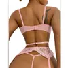 Lace Embroidery Flower Hollow Out Sexy Split Underwear Three-piece Push-Up Bra Panties Garter Set Sexy Emotional Exotic Bra T220726