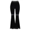 Seksowna Moda Patchwork Koronki Solidne Flare Pant Gothic Dark High Waist Luźne Spodnie Street Suede 220325