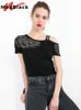 Verão Estilo Coreano T-shirt de Algodão Chic Sexy Skew Collar Patchwork Mesh Malha Amor Brilhante Diamantes Mulheres Tops de Manga Curta T16408A 220411