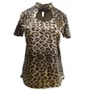 Women's Blouses & Shirts Plus Size 3XL Sexy Short Sleeve Stand Collar Gemstones Leopard Print Satin Women Hollow Out Blouse TopsWomen's