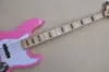 Guitare basse électrique rose à 4 cordes avec bloc de touche en érable incrustation noire