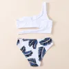 Tropical Leaf Print Girl Swimsuit Kids One Shoulder Bikini Set Cut Out Two Piece Children's Swimwear 7-14Years Bathing Suit 220426