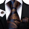 8cm Fashion Gold Feather Print Men's Silk Ties Handkerchief Cufflinks Set Business Party Necktie Gravatas Gift For Men DiBanG2097